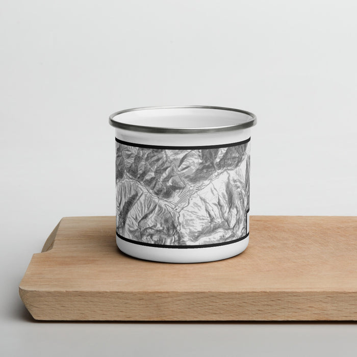 Front View Custom Silverton Colorado Map Enamel Mug in Classic on Cutting Board