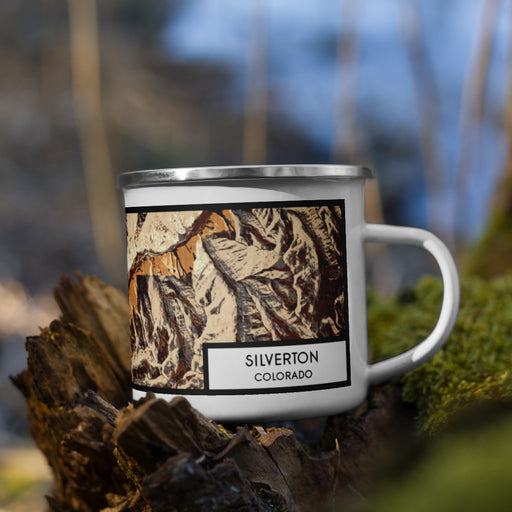 Right View Custom Silverton Colorado Map Enamel Mug in Ember on Grass With Trees in Background