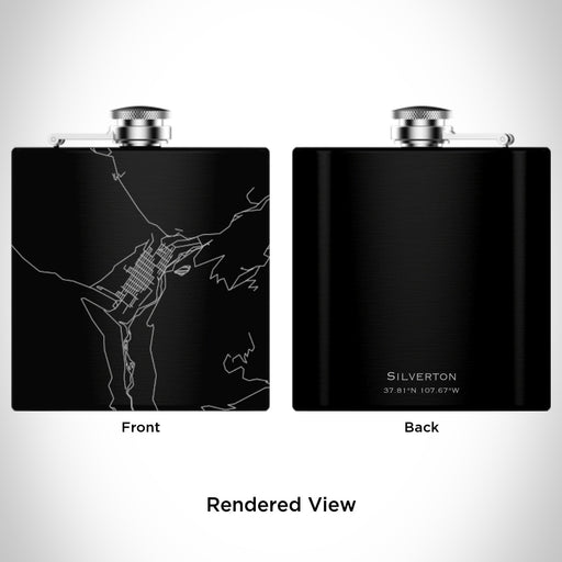 Rendered View of Silverton Colorado Map Engraving on 6oz Stainless Steel Flask in Black