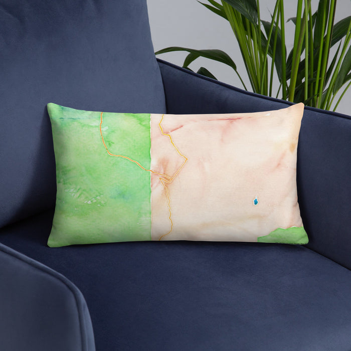 Custom Silverton Colorado Map Throw Pillow in Watercolor on Blue Colored Chair