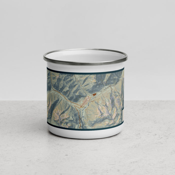 Front View Custom Silverton Colorado Map Enamel Mug in Woodblock