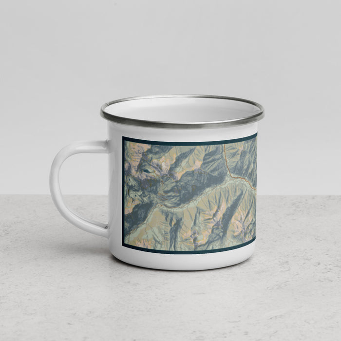 Left View Custom Silverton Colorado Map Enamel Mug in Woodblock
