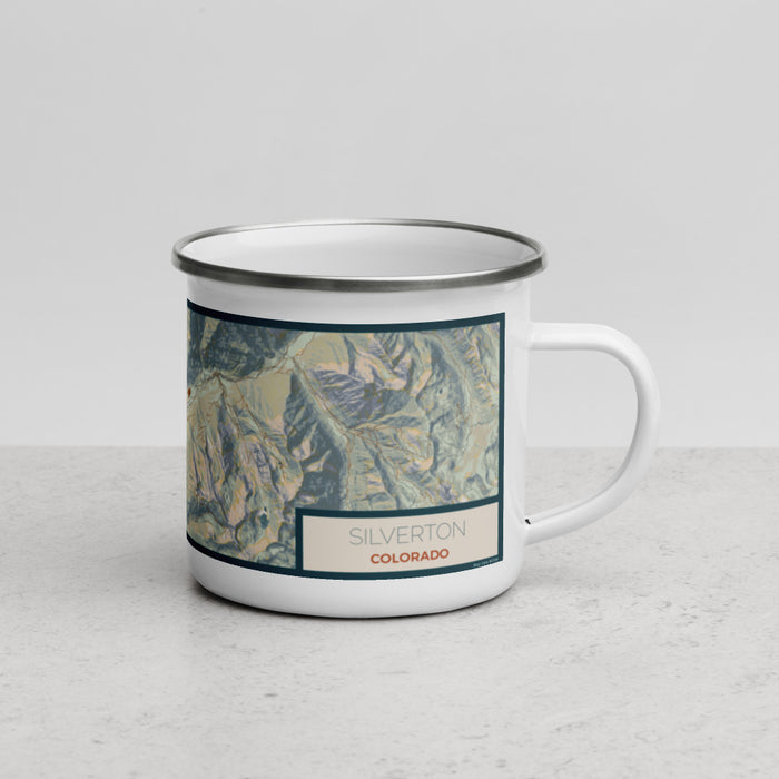 Right View Custom Silverton Colorado Map Enamel Mug in Woodblock