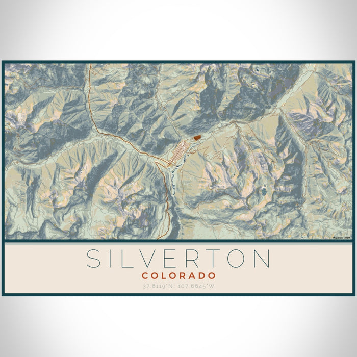 Silverton Colorado Map Print Landscape Orientation in Woodblock Style With Shaded Background