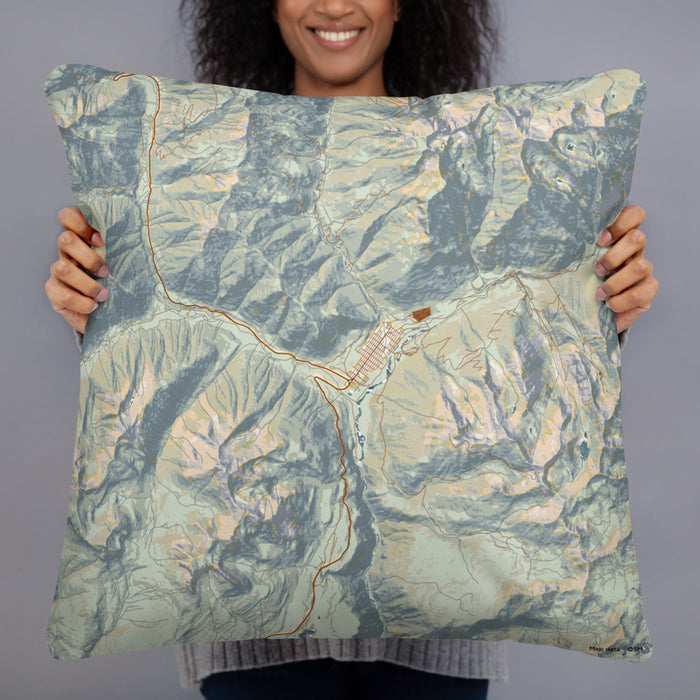 Person holding 22x22 Custom Silverton Colorado Map Throw Pillow in Woodblock