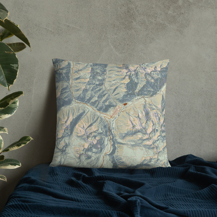 Custom Silverton Colorado Map Throw Pillow in Woodblock on Bedding Against Wall