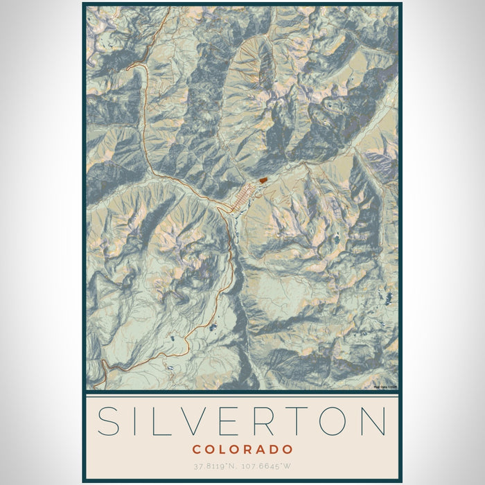 Silverton Colorado Map Print Portrait Orientation in Woodblock Style With Shaded Background
