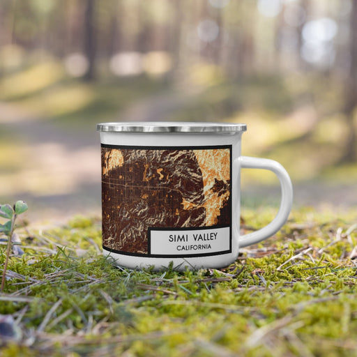 Right View Custom Simi Valley California Map Enamel Mug in Ember on Grass With Trees in Background