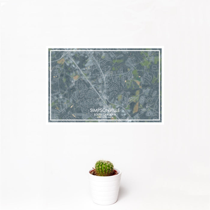 12x18 Simpsonville South Carolina Map Print Landscape Orientation in Afternoon Style With Small Cactus Plant in White Planter