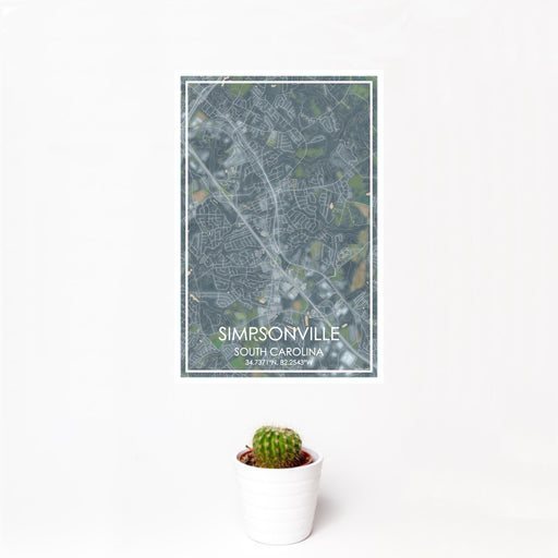 12x18 Simpsonville South Carolina Map Print Portrait Orientation in Afternoon Style With Small Cactus Plant in White Planter