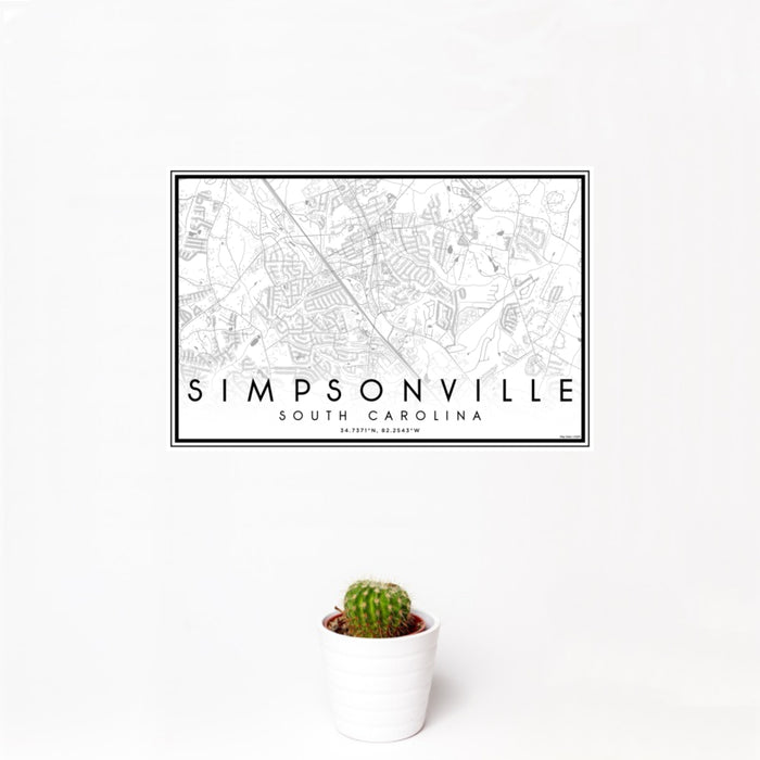 12x18 Simpsonville South Carolina Map Print Landscape Orientation in Classic Style With Small Cactus Plant in White Planter