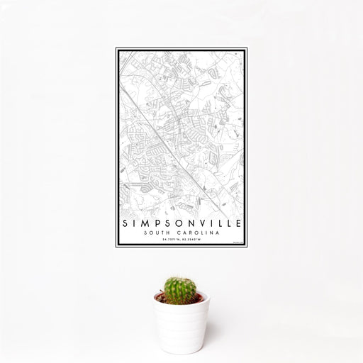 12x18 Simpsonville South Carolina Map Print Portrait Orientation in Classic Style With Small Cactus Plant in White Planter
