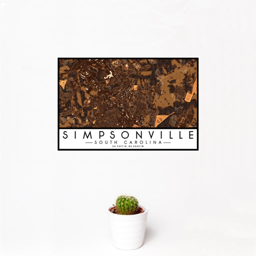 12x18 Simpsonville South Carolina Map Print Landscape Orientation in Ember Style With Small Cactus Plant in White Planter