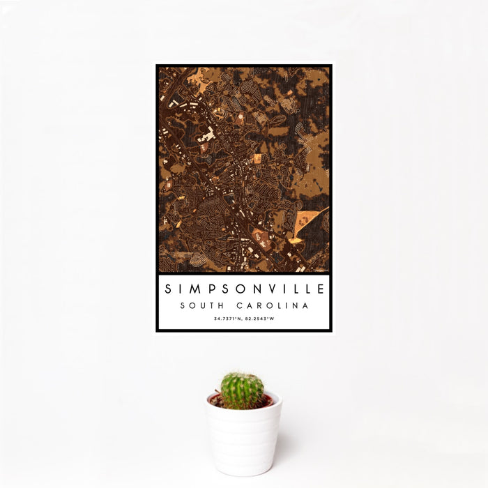 12x18 Simpsonville South Carolina Map Print Portrait Orientation in Ember Style With Small Cactus Plant in White Planter