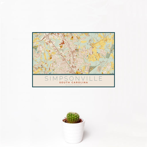 12x18 Simpsonville South Carolina Map Print Landscape Orientation in Woodblock Style With Small Cactus Plant in White Planter