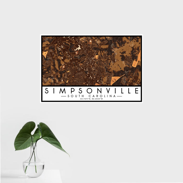 16x24 Simpsonville South Carolina Map Print Landscape Orientation in Ember Style With Tropical Plant Leaves in Water