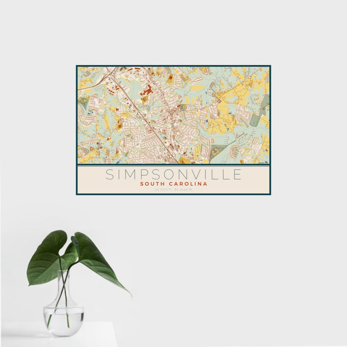 16x24 Simpsonville South Carolina Map Print Landscape Orientation in Woodblock Style With Tropical Plant Leaves in Water