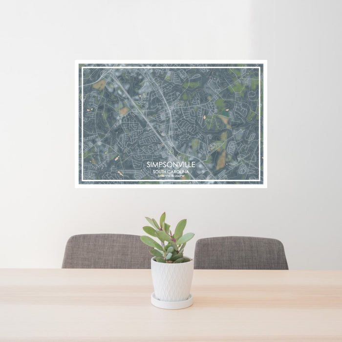 24x36 Simpsonville South Carolina Map Print Lanscape Orientation in Afternoon Style Behind 2 Chairs Table and Potted Plant