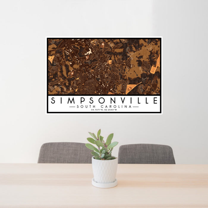 24x36 Simpsonville South Carolina Map Print Lanscape Orientation in Ember Style Behind 2 Chairs Table and Potted Plant