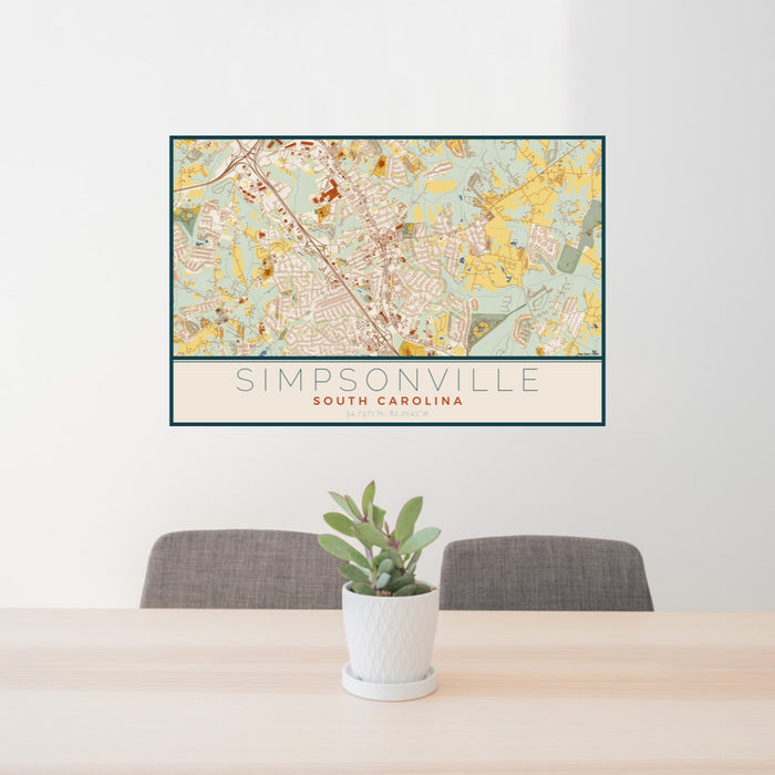 24x36 Simpsonville South Carolina Map Print Lanscape Orientation in Woodblock Style Behind 2 Chairs Table and Potted Plant