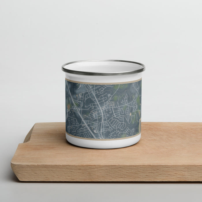 Front View Custom Simpsonville South Carolina Map Enamel Mug in Afternoon on Cutting Board