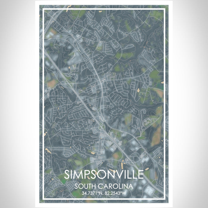 Simpsonville South Carolina Map Print Portrait Orientation in Afternoon Style With Shaded Background