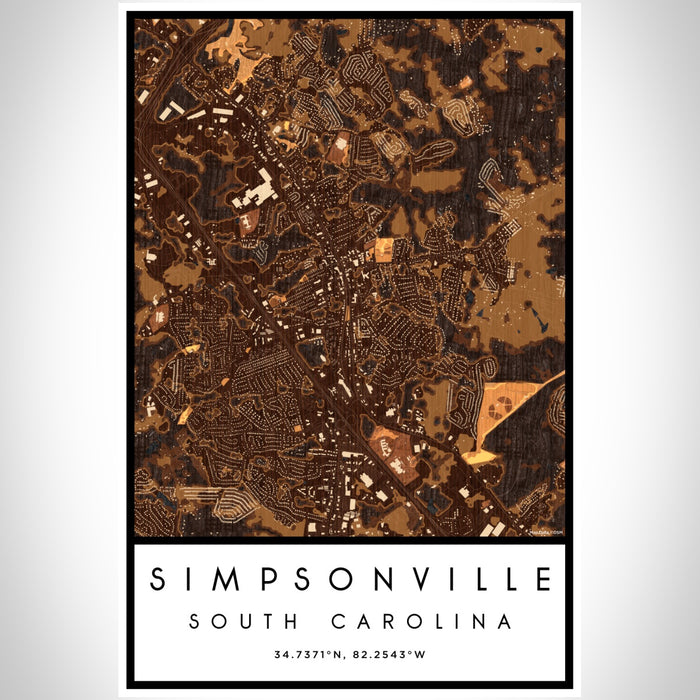 Simpsonville South Carolina Map Print Portrait Orientation in Ember Style With Shaded Background