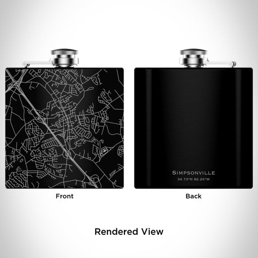 Rendered View of Simpsonville South Carolina Map Engraving on 6oz Stainless Steel Flask in Black