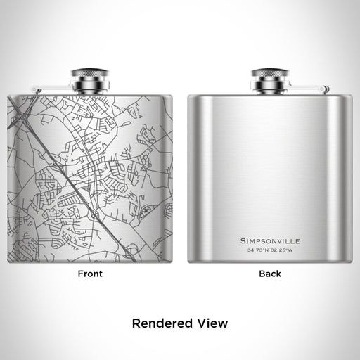 Rendered View of Simpsonville South Carolina Map Engraving on 6oz Stainless Steel Flask
