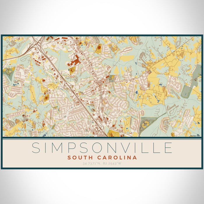 Simpsonville South Carolina Map Print Landscape Orientation in Woodblock Style With Shaded Background