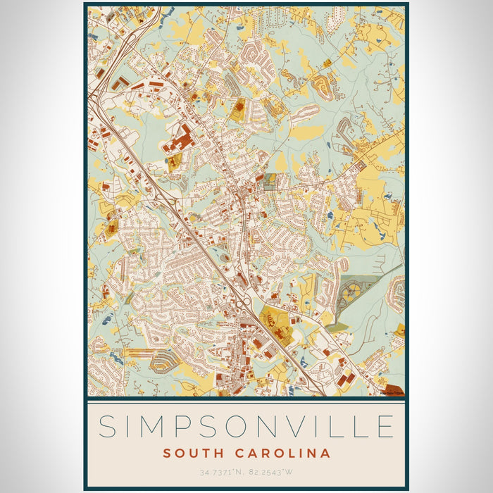Simpsonville South Carolina Map Print Portrait Orientation in Woodblock Style With Shaded Background