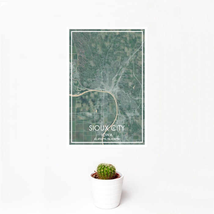 12x18 Sioux City Iowa Map Print Portrait Orientation in Afternoon Style With Small Cactus Plant in White Planter