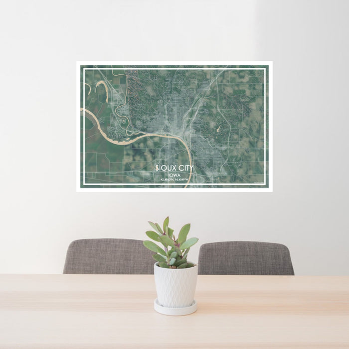 24x36 Sioux City Iowa Map Print Lanscape Orientation in Afternoon Style Behind 2 Chairs Table and Potted Plant