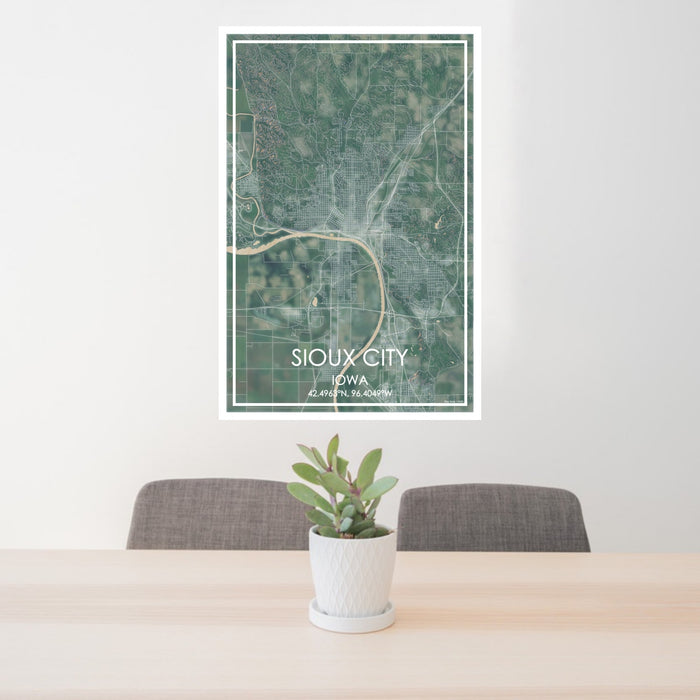 24x36 Sioux City Iowa Map Print Portrait Orientation in Afternoon Style Behind 2 Chairs Table and Potted Plant
