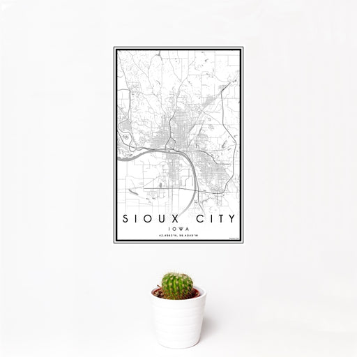 12x18 Sioux City Iowa Map Print Portrait Orientation in Classic Style With Small Cactus Plant in White Planter