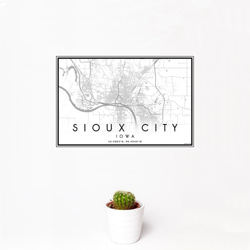 12x18 Sioux City Iowa Map Print Landscape Orientation in Classic Style With Small Cactus Plant in White Planter
