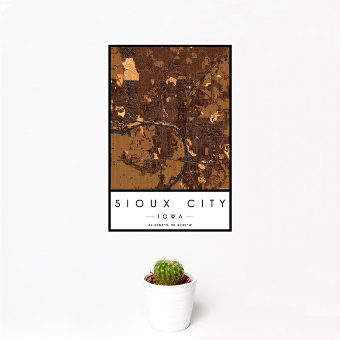 12x18 Sioux City Iowa Map Print Portrait Orientation in Ember Style With Small Cactus Plant in White Planter