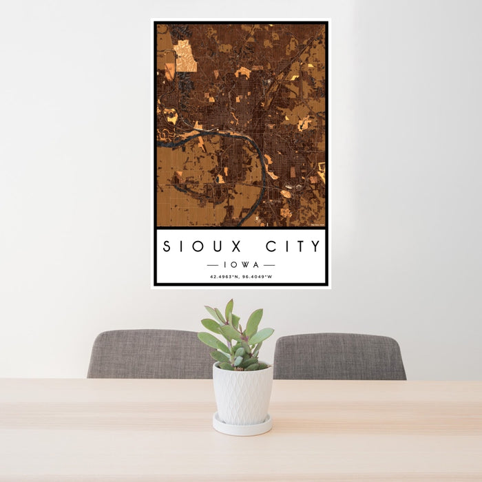 24x36 Sioux City Iowa Map Print Portrait Orientation in Ember Style Behind 2 Chairs Table and Potted Plant