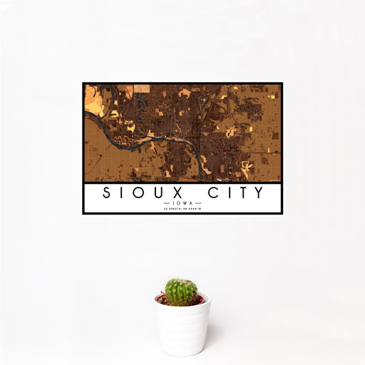 12x18 Sioux City Iowa Map Print Landscape Orientation in Ember Style With Small Cactus Plant in White Planter