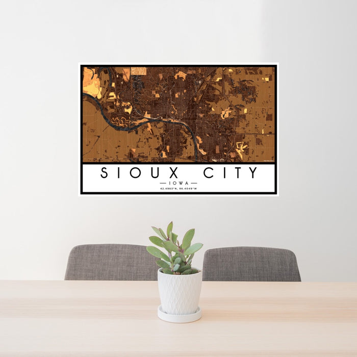 24x36 Sioux City Iowa Map Print Landscape Orientation in Ember Style Behind 2 Chairs Table and Potted Plant