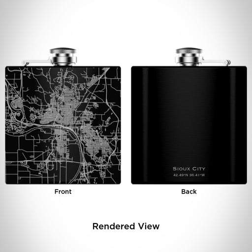 Rendered View of Sioux City Iowa Map Engraving on 6oz Stainless Steel Flask in Black