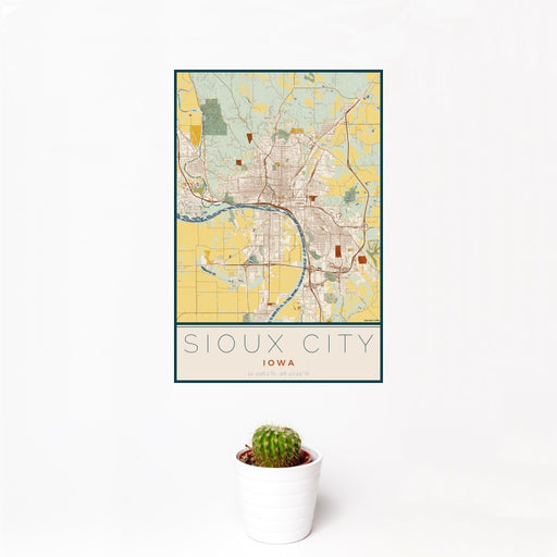 12x18 Sioux City Iowa Map Print Portrait Orientation in Woodblock Style With Small Cactus Plant in White Planter