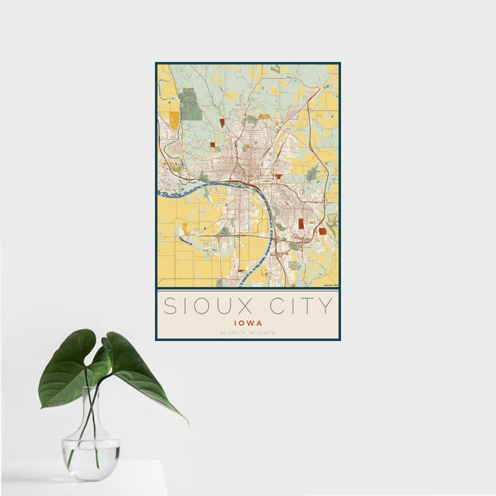 16x24 Sioux City Iowa Map Print Portrait Orientation in Woodblock Style With Tropical Plant Leaves in Water