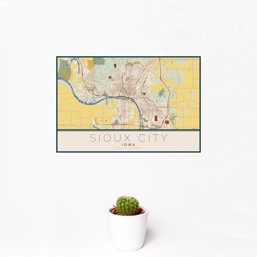 12x18 Sioux City Iowa Map Print Landscape Orientation in Woodblock Style With Small Cactus Plant in White Planter