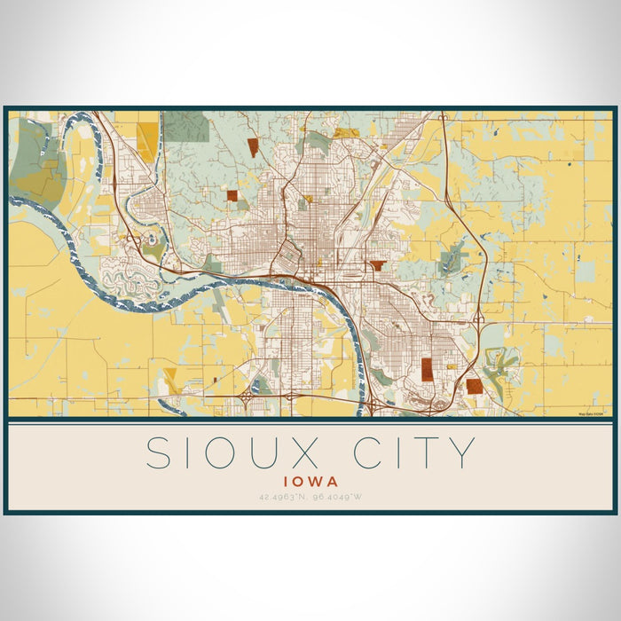 Sioux City Iowa Map Print Landscape Orientation in Woodblock Style With Shaded Background