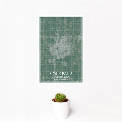 12x18 Sioux Falls South Dakota Map Print Portrait Orientation in Afternoon Style With Small Cactus Plant in White Planter
