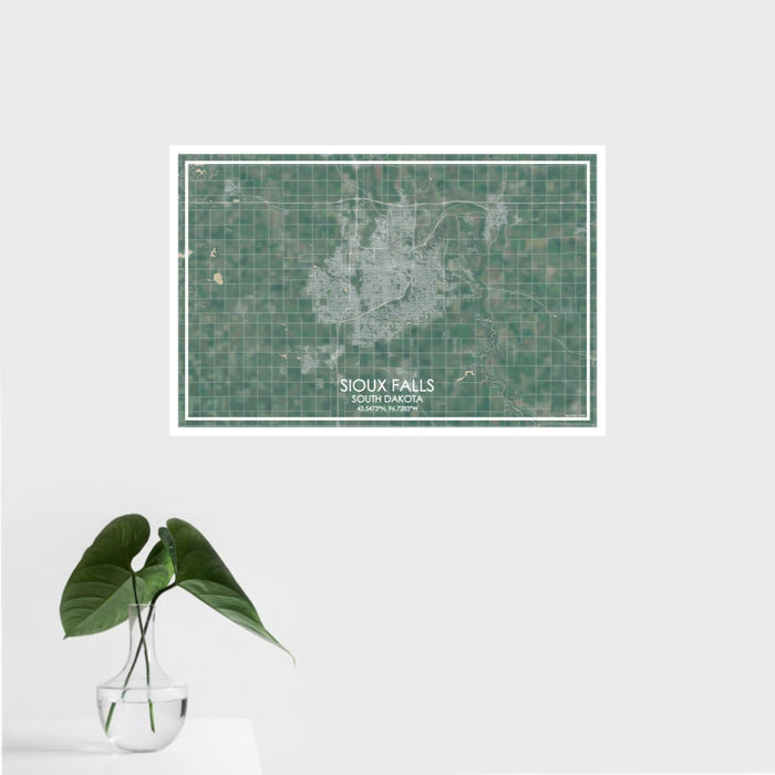 16x24 Sioux Falls South Dakota Map Print Landscape Orientation in Afternoon Style With Tropical Plant Leaves in Water