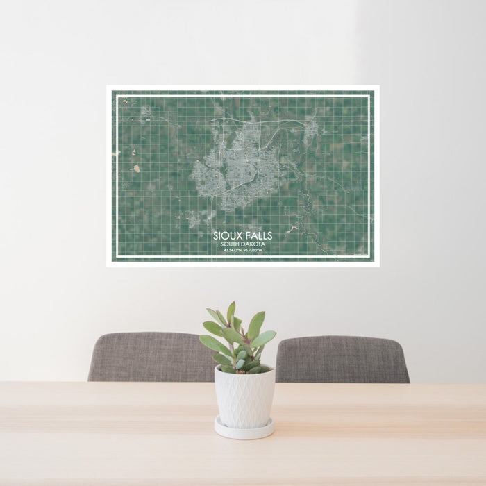 24x36 Sioux Falls South Dakota Map Print Lanscape Orientation in Afternoon Style Behind 2 Chairs Table and Potted Plant