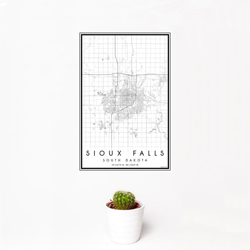 12x18 Sioux Falls South Dakota Map Print Portrait Orientation in Classic Style With Small Cactus Plant in White Planter