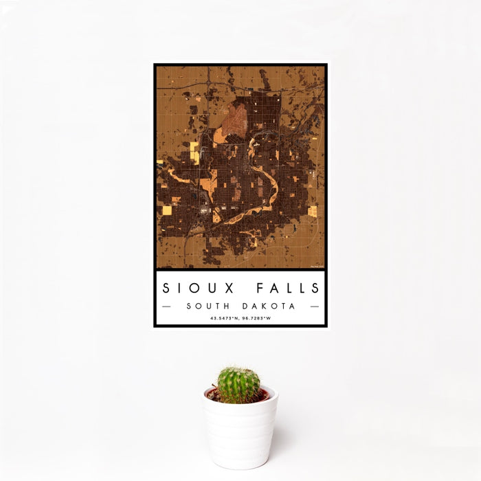 12x18 Sioux Falls South Dakota Map Print Portrait Orientation in Ember Style With Small Cactus Plant in White Planter